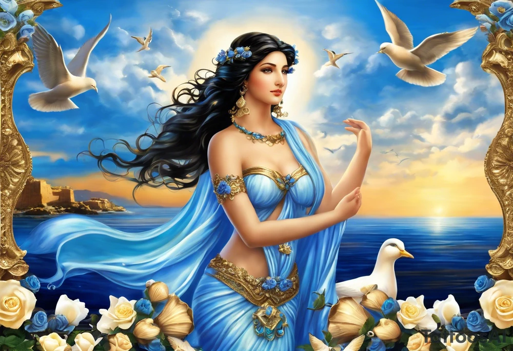 Aphrodite is the goddess of love, with a seaside background, surrounded by birds.. blue roses frames, background blue,present it in a, black hair, love motives, herat,motifs expressing love and the feeling of lovePortrait of Aphrodite: A face or full-length image of the goddess, often in a realistic style, perhaps decorated with flowers, seashells, or doves.

Symbols: Known symbols of Aphrodite include the rose, doves, shells and the mirror. These symbols can be displayed individually or in combination in a tattoo.

Mythological Scenes: Depictions of various mythological stories of Aphrodite, such as her birth from sea foam, as depicted in Botticelli's famous painting ("Birth of Venus").

Flowers: Roses or other flowers often associated with Aphrodite can give a particularly romantic and elegant look to your tattoo.

Mythological elements: Other mythological elements and figures associated with Aphrodite, such as Eros (Cupid), the god of love who is the son of Aphrodite. tattoo idea