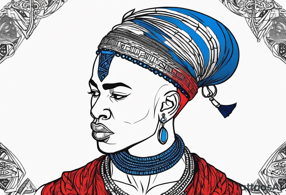 Black-skinned bald african warrior. He wears a simple and small silver crown. He uses blue and red necklaces tattoo idea