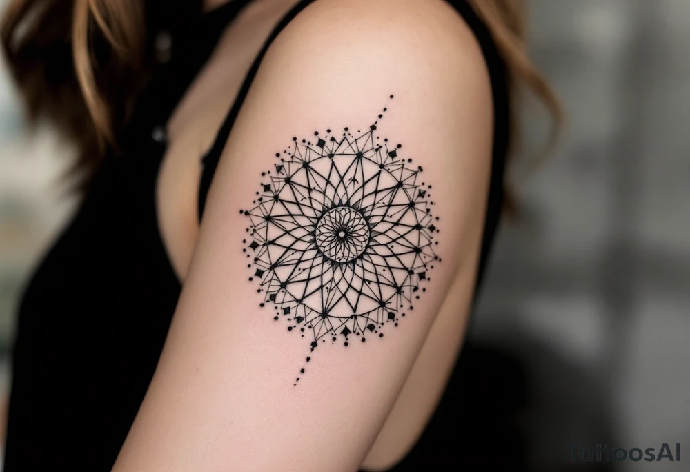 simple, minimalist tattoo, sacred geometry mandala, centerpiece design, dotwork patterns, radiating geometry, symmetrical mandala, geometric shapes, intricate dotwork, sacred patterns, mandala center, geometric radiating, fine line work, black grey shading, minimalist design, no outlines, arm placement, delicate linework, precise geometry, clean symmetry, sacred symbols, geometric precision, dotwork details, mandala focal point, refined patterns, understated complexity, geometric harmony, minimalist tattoo idea