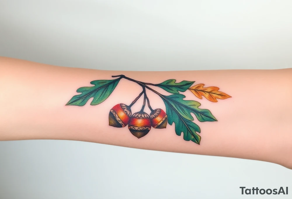 on the forearm an oak branch with thick leaves and acorns tattoo idea