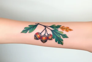 on the forearm an oak branch with thick leaves and acorns tattoo idea