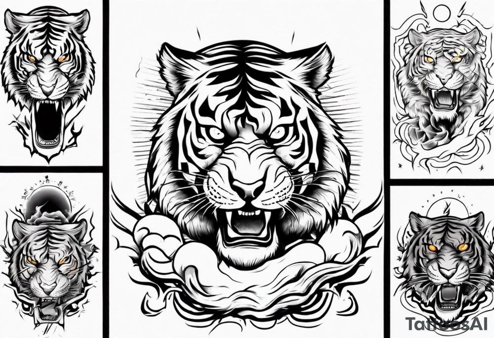 Tiger design with lightning and the sun for a forearm sleeve tattoo idea