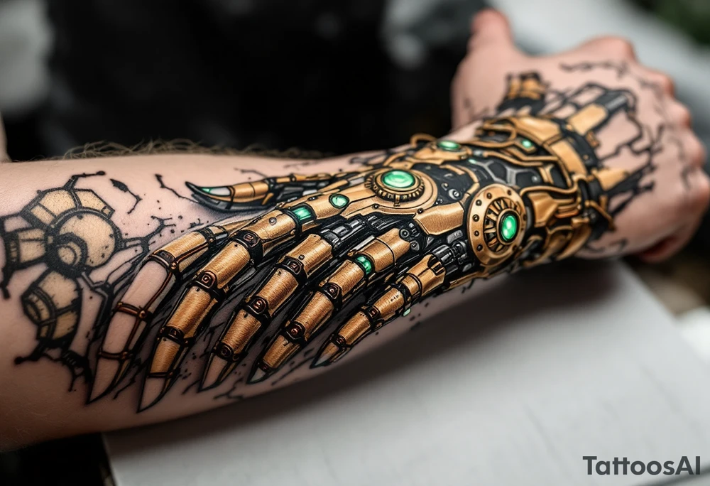 A steampunk-inspired robotic hand tattoo featuring brass tones, copper wiring, and emerald green glow at the joints. tattoo idea