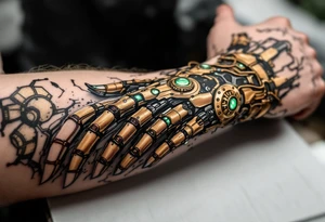 A steampunk-inspired robotic hand tattoo featuring brass tones, copper wiring, and emerald green glow at the joints. tattoo idea