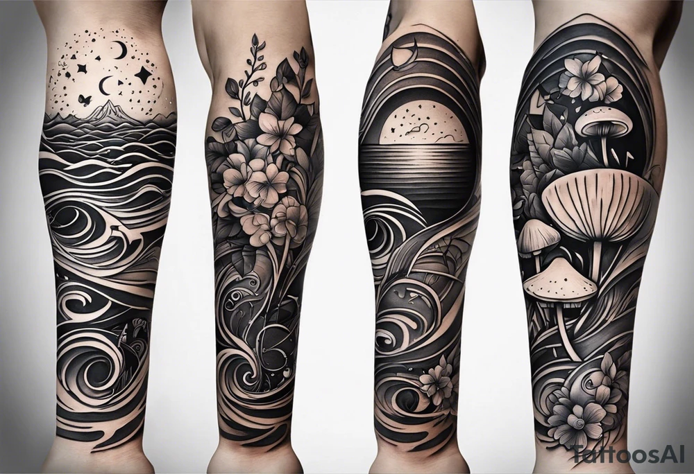 simple icons down the back of the arm featuring four icons:

1. a music note on a staff
2. a wave of water
3. a pocket
4. mushroom tattoo idea