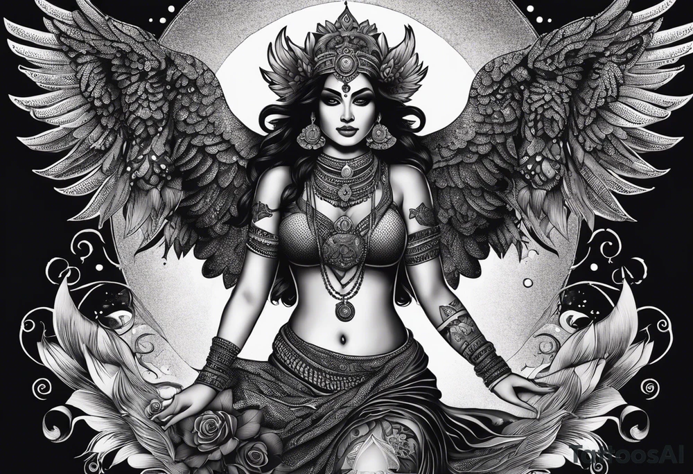 black kali, goddess pirate, alien, angel, pachamama, valkrye, warrior, flying, skull, lotus azul, wing, eagle, zenza resonance, stars, 5D, anahata chakra, death, durga, riding on a tiger, flying lady, kundalini, chest tatoo, samuri, rebel, serpent tattoo idea