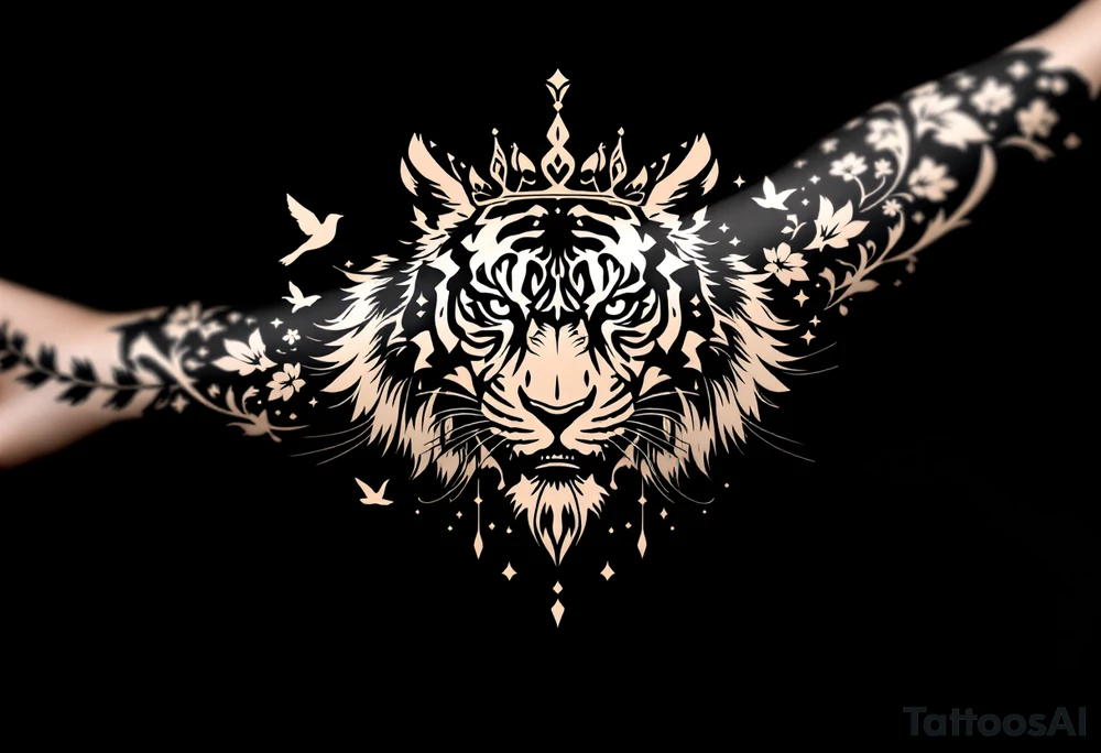 powerful majestic tiger with a crown, surrounded by floral ornaments and birds tattoo idea