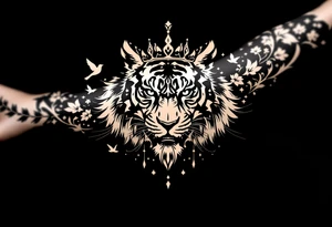 powerful majestic tiger with a crown, surrounded by floral ornaments and birds tattoo idea