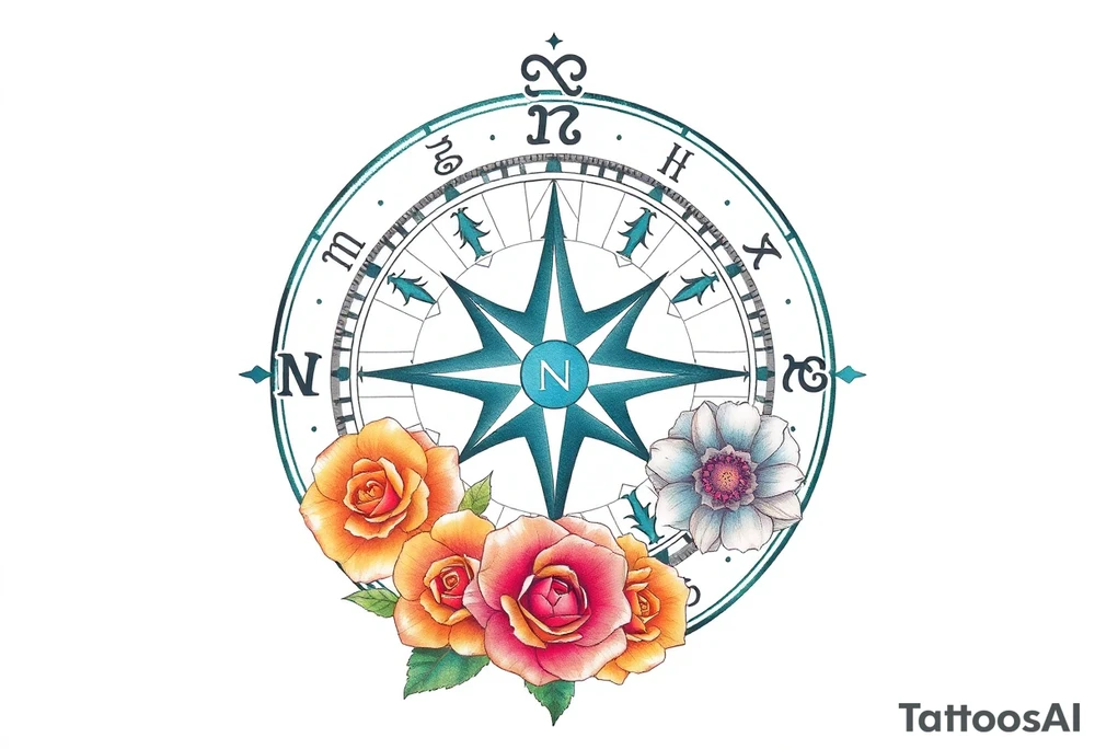 zodiac symbols the elements and Norse runes within ornate compass with roses lilly sunflowers tattoo idea