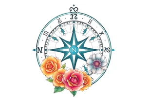 zodiac symbols the elements and Norse runes within ornate compass with roses lilly sunflowers tattoo idea