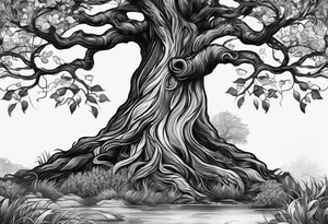 a big tree that is a paddle at the trunk with vines wrapping around the handle tattoo idea