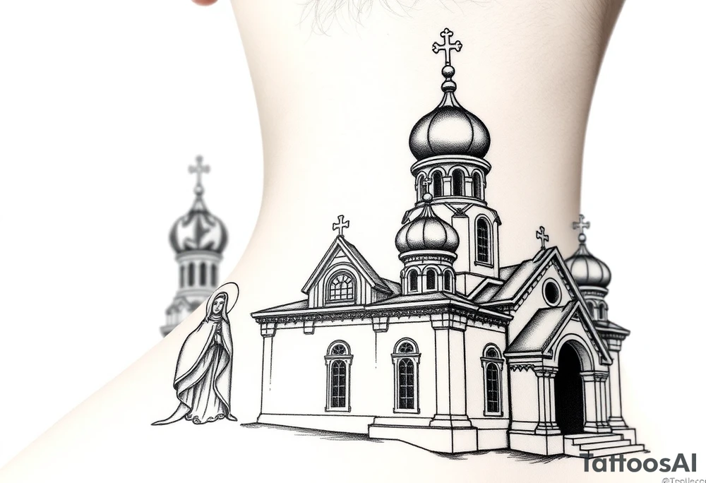 Russian orthodox church with bulb domes with a prominent russian orthodox style virgin mary stood outside to the left russian themed tattoo idea