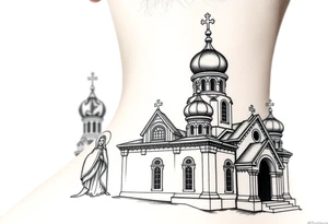 Russian orthodox church with bulb domes with a prominent russian orthodox style virgin mary stood outside to the left russian themed tattoo idea