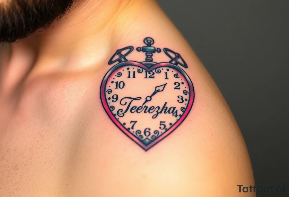 A heart-shaped clock with soft pastel pink and blue tones, featuring delicate floral engravings, with the child’s name "Terezka" scripted across the center tattoo idea