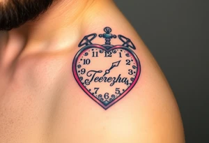 A heart-shaped clock with soft pastel pink and blue tones, featuring delicate floral engravings, with the child’s name "Terezka" scripted across the center tattoo idea