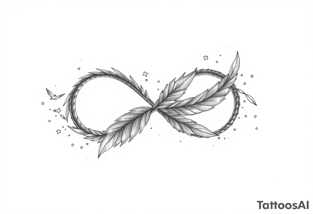 infinity symbol woven with floating feathers and stardust tattoo idea