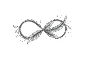 infinity symbol woven with floating feathers and stardust tattoo idea