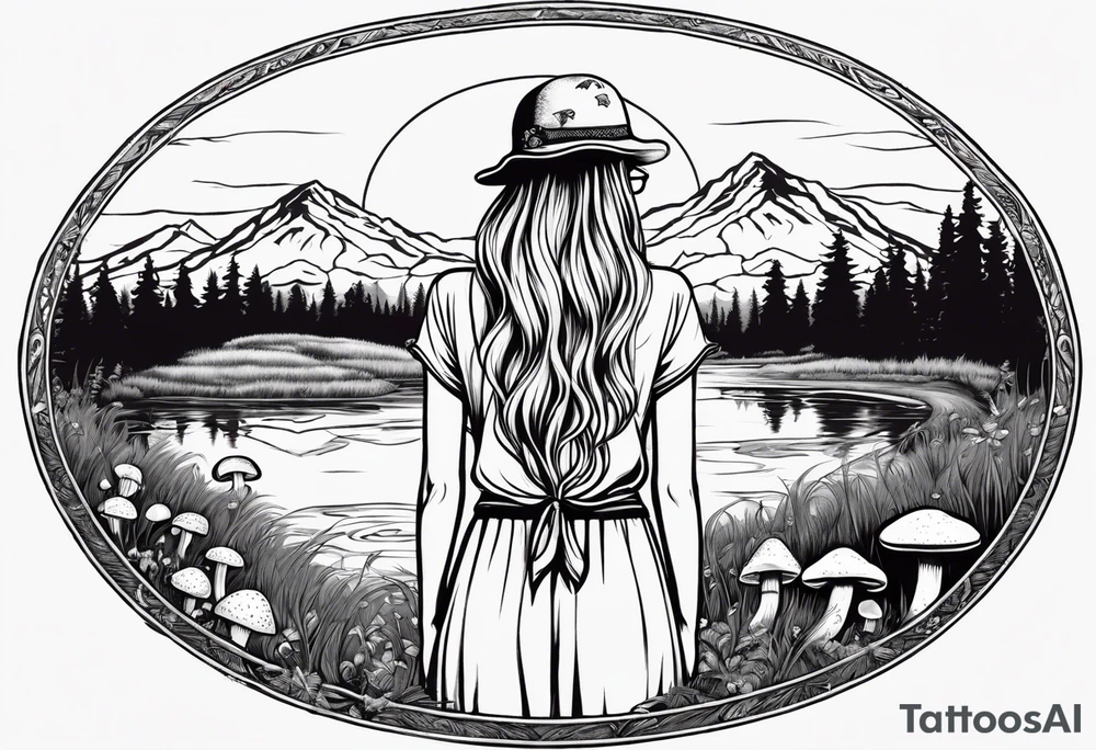 Straight long blonde hair hippie girl in distance holding mushrooms in hand facing away toward mountains and creek surrounded by mushrooms tee shirt and hiking pants; whole rendering within a full circle, no cut off circle tattoo idea