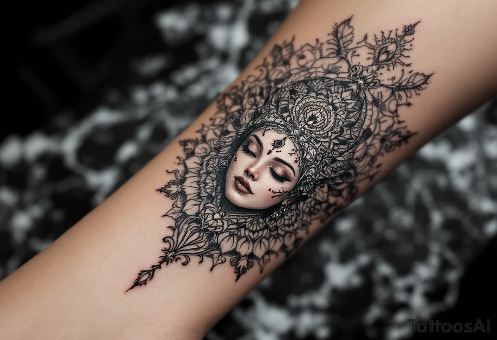 beautiful woman dmt deity with mandala fully behind head tattoo idea