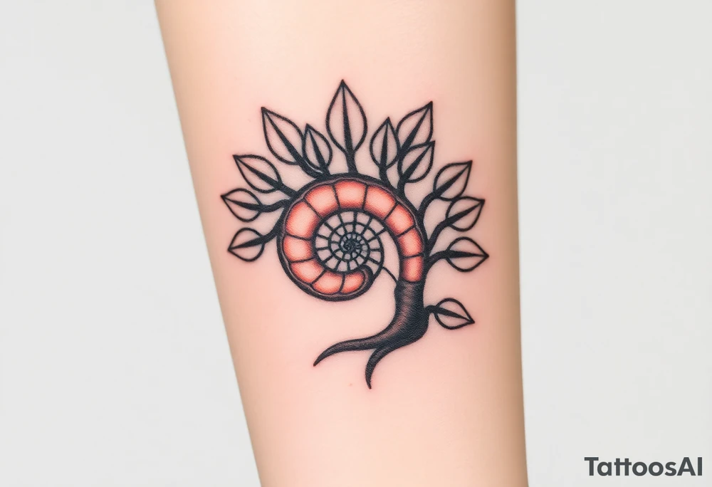 Fibonacci spiral shell inside of tree with full leaves tattoo idea
