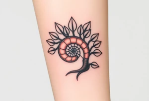 Fibonacci spiral shell inside of tree with full leaves tattoo idea