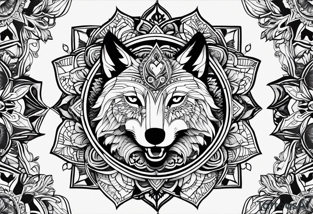 Mandala theme design with joker cards and wolves for forearms tattoo idea