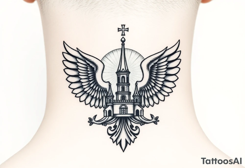 russian coat of arms with both heads visible & wings with an orthodox christian church being visible in a mountainous sun beaming setting, with the russian orthodox cross spire of the orthodox church being visible with a sun beaming in the background that the cross sits inside tattoo idea