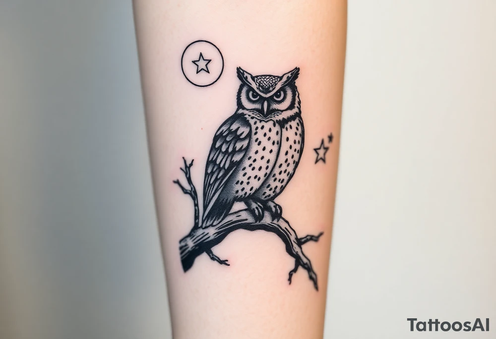 wise owl perched on ancient oak branch under starlit sky tattoo idea