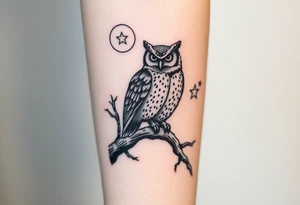 wise owl perched on ancient oak branch under starlit sky tattoo idea