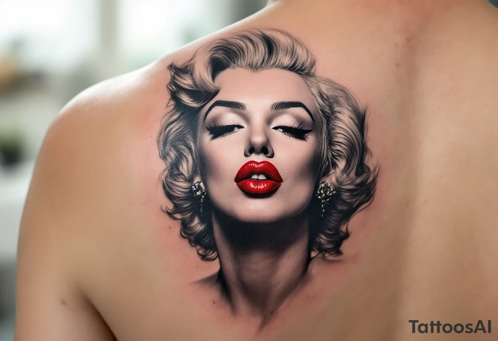 Tattoo of Marilyn blowing a kiss in grayscale with a vivid red heart-shaped kiss mark. tattoo idea