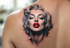 Tattoo of Marilyn blowing a kiss in grayscale with a vivid red heart-shaped kiss mark. tattoo idea