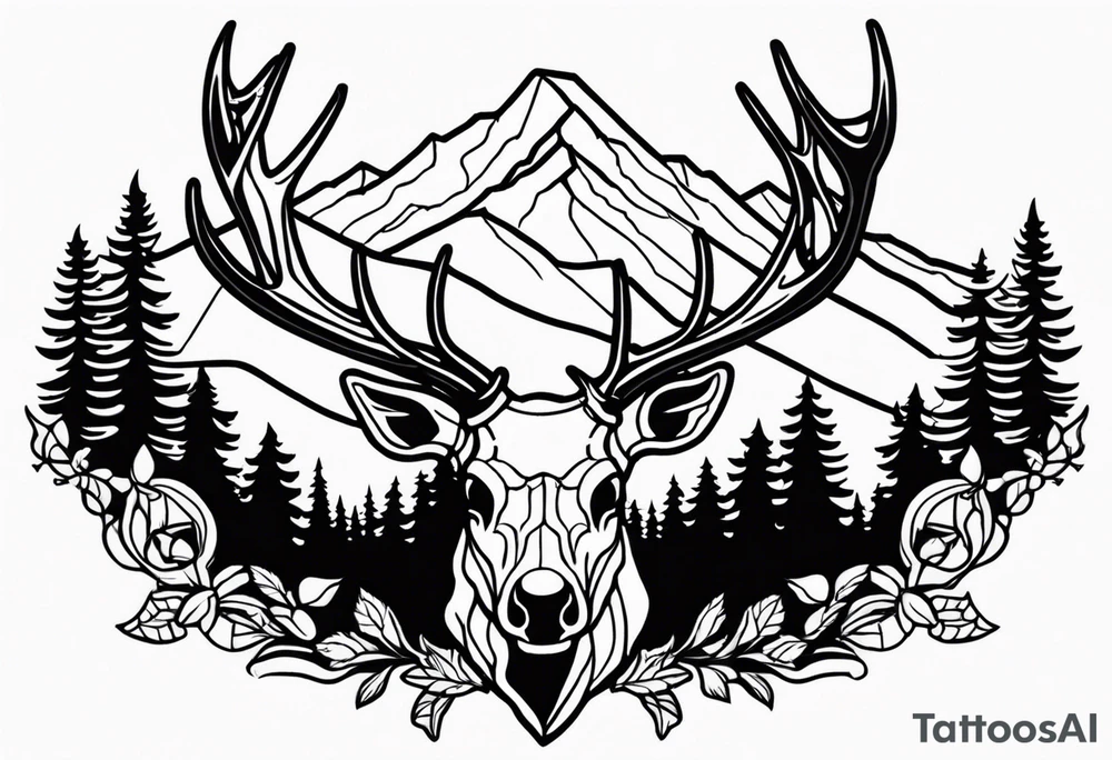 elk skull with mountains and trees tattoo idea