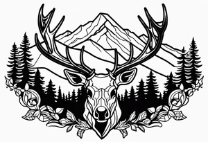 elk skull with mountains and trees tattoo idea