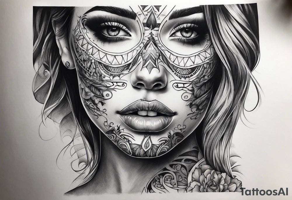 Woman’s face with half skeleton face tattoo idea