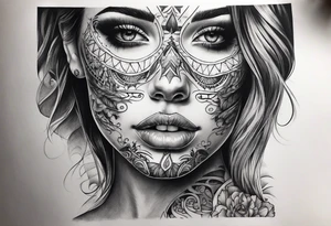 Woman’s face with half skeleton face tattoo idea