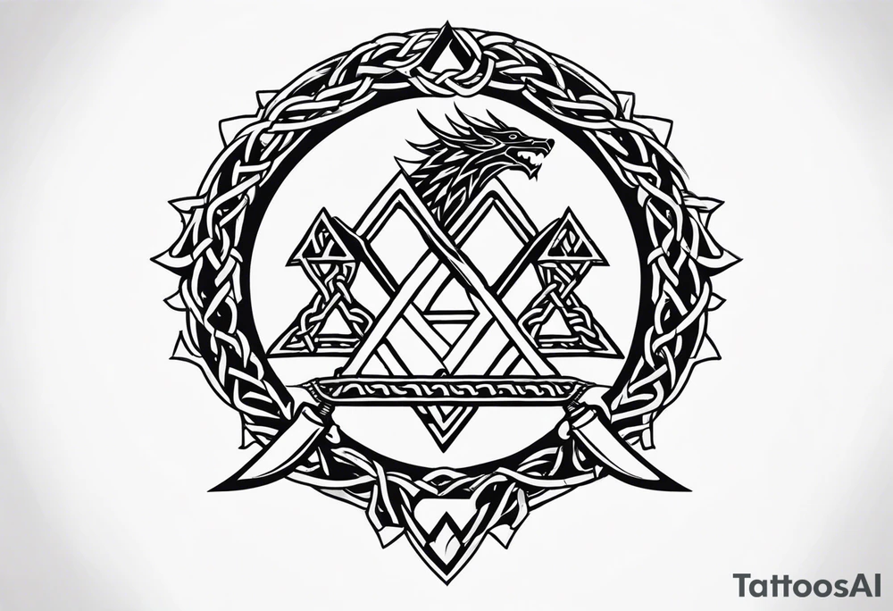 Valhalla sword shield dragon axe Valknut barbed wire chains fire tattoo idea Valhalla sword shield dragon axe Valknut barbed wire chains fire tattoo idea