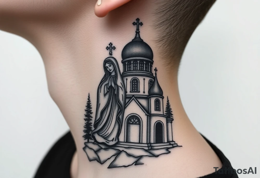 russian design traditional virgin mary stood beside the entrance of a russian orthodox dome church on the side of the neck in a wilderness setting with the design on the side of the neck tattoo idea