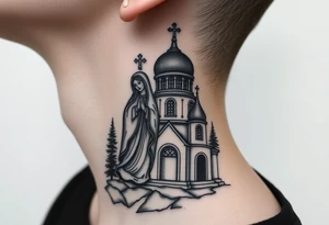 russian design traditional virgin mary stood beside the entrance of a russian orthodox dome church on the side of the neck in a wilderness setting with the design on the side of the neck tattoo idea