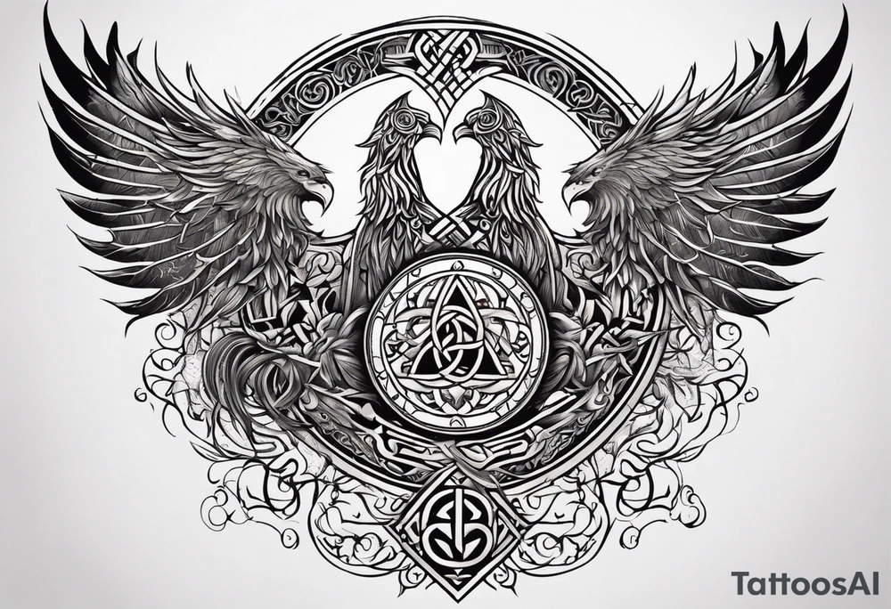 Viking style tattoo throughout. Viking Vegvisir with phoenix wings around it, Viking Valknut, tree of life with roots tattoo idea
