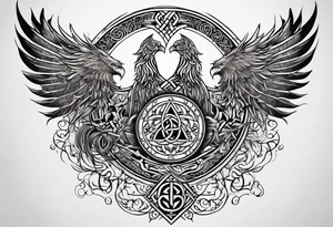 Viking style tattoo throughout. Viking Vegvisir with phoenix wings around it, Viking Valknut, tree of life with roots tattoo idea