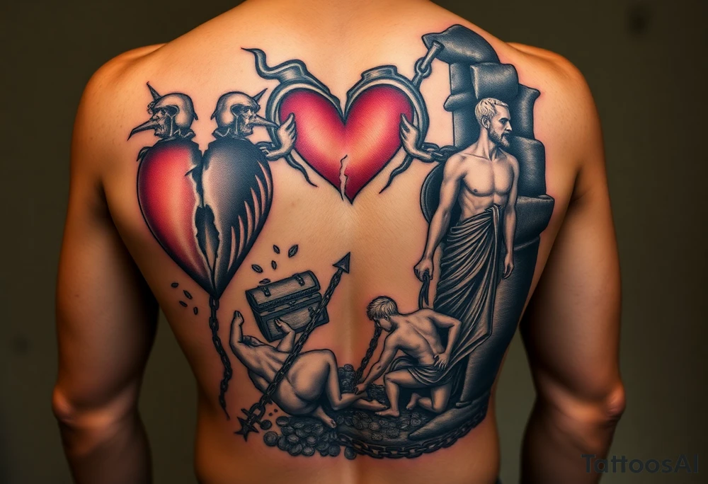 Design a full back tattoo that represents the struggles of betrayal, financial loss, relationship breakup, loss of job, loss of self, and death of a loved one, inspired by Greek mythology and art. The tattoo should be reminiscent of a Greek painting, particularly illustrating the trials of Hercules. Each struggle should be depicted as a symbolic labor, with each one portrayed as a scene on the back. For example:

Betrayal: A scene of a broken, jagged heart surrounded by shadows, with a figure turned away in mistrust.
Financial Loss: A treasure chest overturned, with coins spilling out, and a figure kneeling in despair.
Relationship Breakup: Two intertwined figures tearing apart, with one side showing broken chains or a shattered heart.
Loss of Job: A man in tattered clothing, walking away from a ruined, burning building.
Loss of Self: A figure looking at their shattered reflection in a broken mirror, symbolizing identity lost.
Death of a Loved One: A scene of a person in mourning, standing by a grave, with a winged figure representing the spirit of the deceased.
Ensure the design has an ancient, classical Greek aesthetic, with detailed lines, natural poses, and a narrative flow, similar to the style of ancient Greek pottery or frescoes." tattoo idea