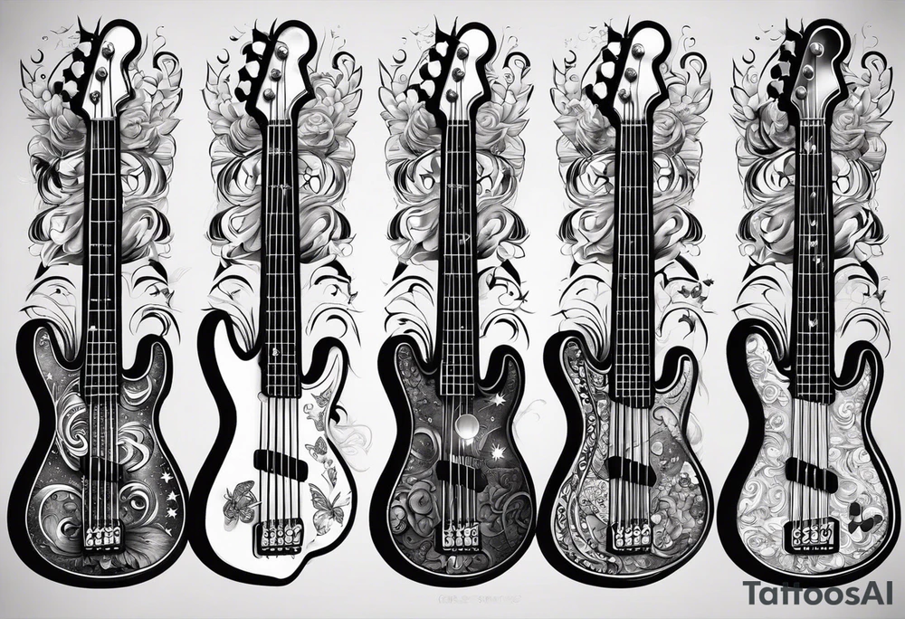 A well balanced tattoo full left arm with the following images: a bass guitar, 2 stars, 1  quarter moon, a caduceus symbol and a mickey mouse tattoo idea