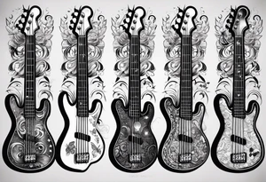 A well balanced tattoo full left arm with the following images: a bass guitar, 2 stars, 1  quarter moon, a caduceus symbol and a mickey mouse tattoo idea
