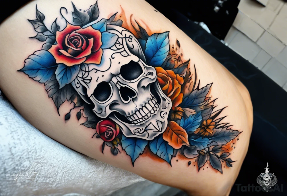 Front knee tattoo with fall colors, small flowers, rose, satanic skull, leaves, blue water flows with washes and background Powell Peralta tattoo idea