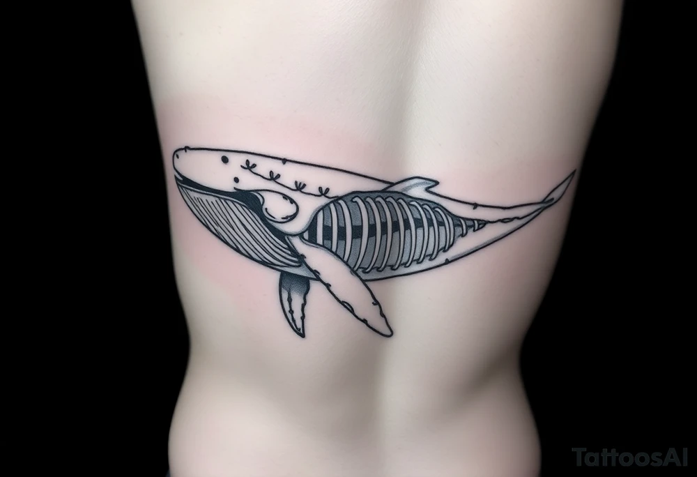 idea is basically a whale that's damaged and torn exposing the skeletal innerts, but it's still fiercely moving forward as hard as it can. on the outline of the whale to have the text : "ただただ生きるのは嫌だ。世界は残酷だ それでも君を愛すよ。" tattoo idea