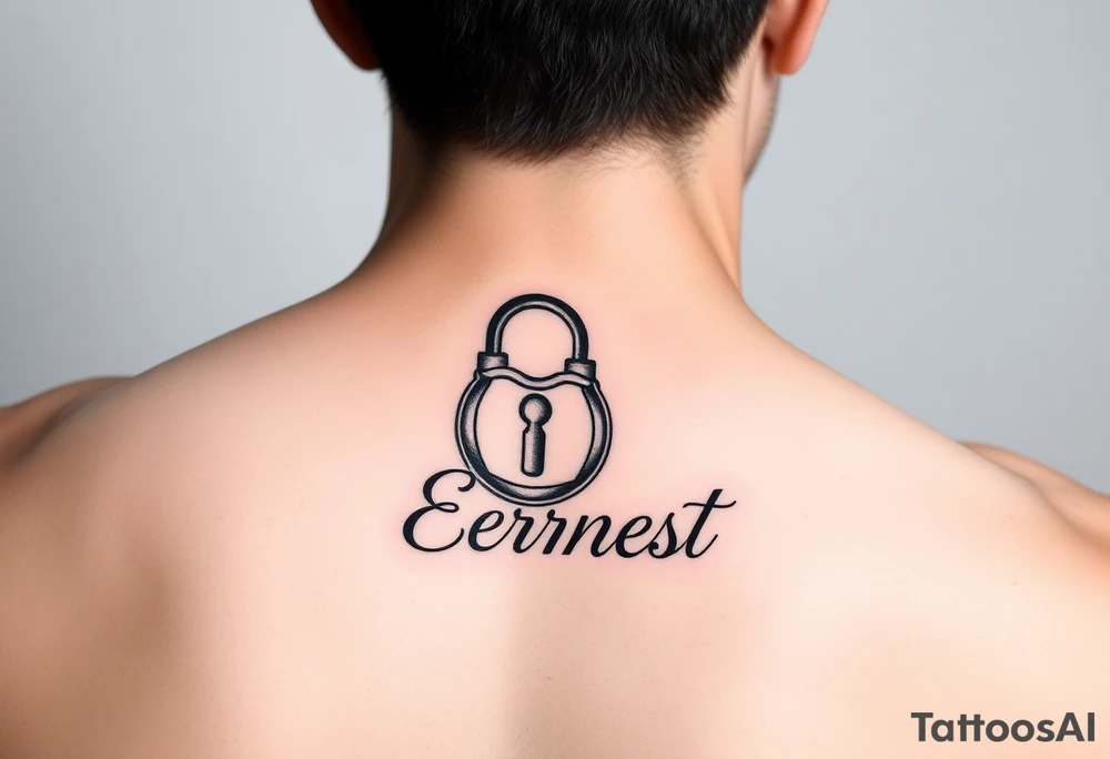 Romantic inner arm tattoo of a lock with husband name Ernest tattoo idea