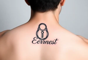 Romantic inner arm tattoo of a lock with husband name Ernest tattoo idea
