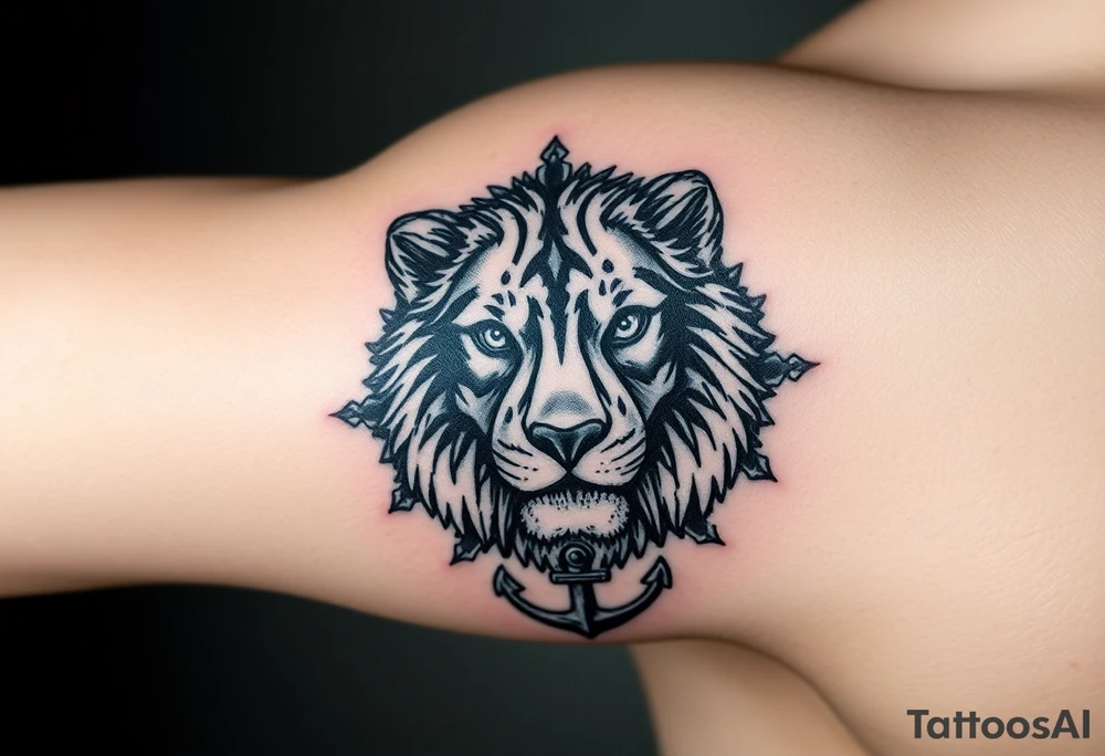 a fragmented depiction of a lions face revealing the eyes and face of both a Wolf and Bear, Compass Gears and an Anchor tattoo idea