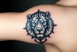 a fragmented depiction of a lions face revealing the eyes and face of both a Wolf and Bear, Compass Gears and an Anchor tattoo idea