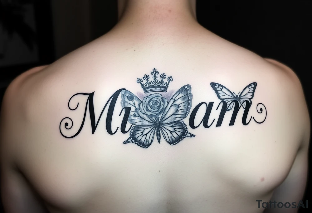 Name tattoo that’s says Miriam with a rose, crown, and butterfly tattoo idea